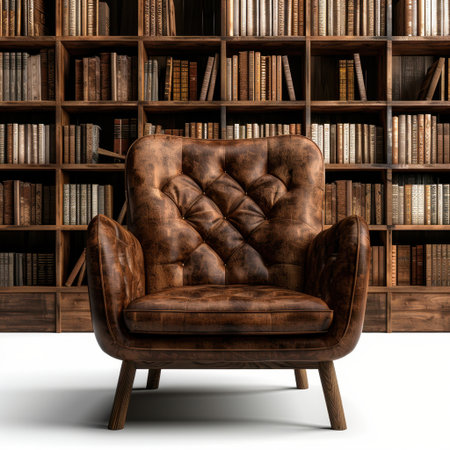 A charming vintage leather armchair positioned in front of a picturesque wooden bookshelf filled with numerous books, creating a perfect reading nook ambiance.の素材