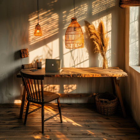 A cozy home office setup featuring a wooden desk, simple chair, and natural light filtering through the windows, creating a warm and inviting space for productivity.の素材