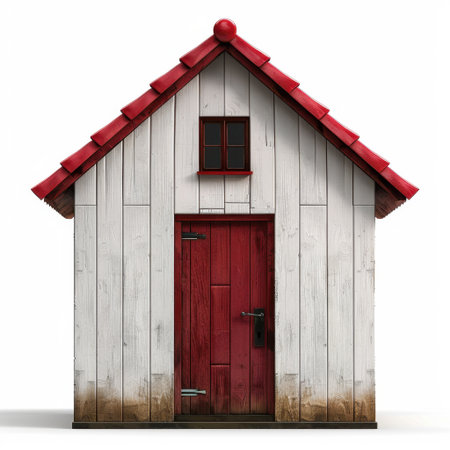 This image showcases a charming wooden house with a striking red roof and door, set against a clean white background, perfect for home design or architecture projects.の素材