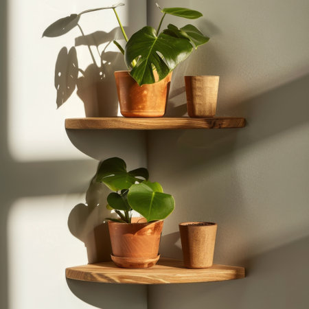A beautiful arrangement of potted plants on wooden shelves, basking in natural sunlight, creating a warm and inviting atmosphere in a modern living space.の素材