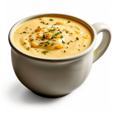 A warm bowl of creamy corn soup, garnished with fresh corn and herbs, perfect for comfort food enthusiasts looking for delicious meal options. Enjoy!の素材
