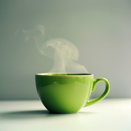 A tranquil image of a green coffee cup emitting gentle steam, evoking warmth and comfort. Ideal for themes of relaxation, morning rituals, and cozy lifestyles.の素材
