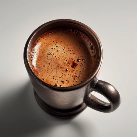 This image captures a top-down view of a rich coffee resting in a dark ceramic mug, showcasing its creamy foam and inviting texture, perfect for beverage enthusiasts.の素材