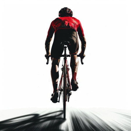 A cyclist in a vibrant red jersey captures the essence of speed and determination while riding his bike against a bright backdrop, symbolizing passion and energy.の素材
