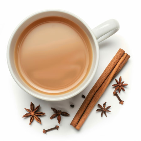 This image features a warm beverage in a white cup, surrounded by cinnamon sticks and star anise. It evokes feelings of comfort and relaxation perfect for cozy settings.の素材