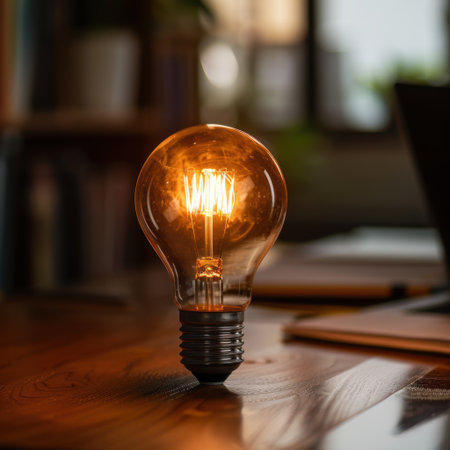 A glowing vintage light bulb placed elegantly on a wooden table, casting a warm glow in a softly lit indoor scene. Perfect for creative and aesthetic visuals.の素材