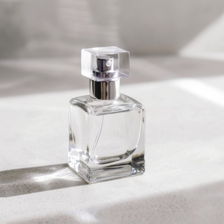A captivating image of a glass perfume bottle featuring a silver cap, elegantly placed on a light surface. Soft shadows enhance its luxurious appeal in a minimalist setting.の素材