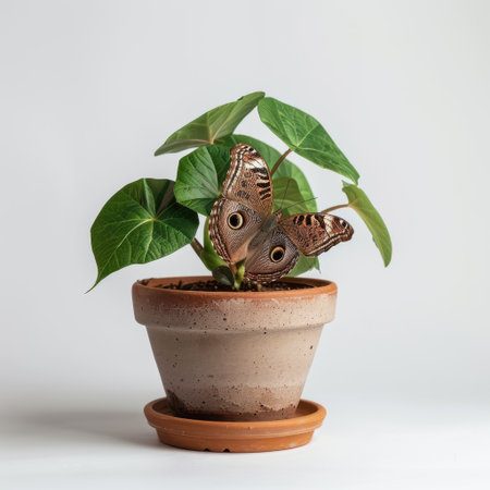 A captivating image of a butterfly perched delicately on a vibrant green plant in a clay pot. Ideal for nature lovers and as a serene home decor element.の素材