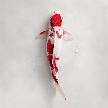 This stunning image showcases a koi fish with striking red and white patterns, swimming gracefully against a tranquil water background, perfect for nature lovers.の素材