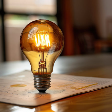 A vintage light bulb radiates a warm glow while resting on a page, creating a cozy atmosphere that promotes creativity and highlights stylish interior design elements.の素材