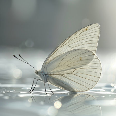 A beautiful white butterfly rests on a water surface, creating delicate reflections in soft light. This image captures the intricate details and serene beauty of nature.の素材