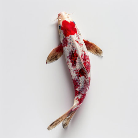 A striking koi fish featuring bold red and white patterns swims elegantly against a pristine white background. This image captures the delicate artistry of nature.の素材