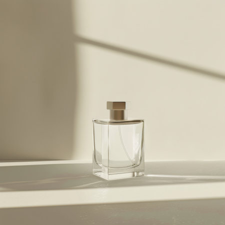 This elegant clear glass perfume bottle showcases minimalist design, set against a white surface with soft shadows. Perfect for beauty and fashion themes.の素材