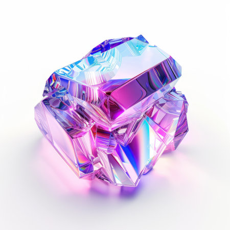 This stunning image showcases a radiant gemstone with iridescent colors displaying sharp edges, perfect for creative projects, digital art, or backgrounds that emphasize light and color.の素材