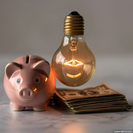 A piggy bank stands beside a glowing light bulb and a stack of cash, symbolizing the intersection of saving and innovative financial ideas. Ideal for finance concepts.の素材