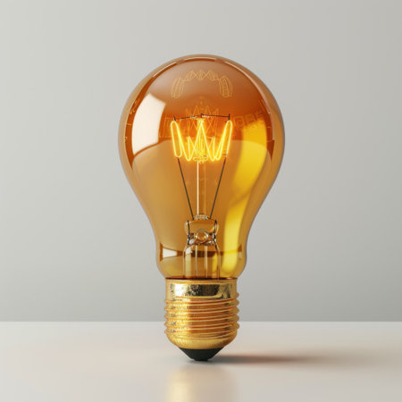 This image features a vintage-style amber light bulb radiating warmth and charm, perfect for enhancing interior designs or creative projects with a modern touch.の素材
