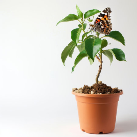 A stunning butterfly rests on the lush green leaves of a potted plant, showcasing the beauty of nature and the delicate balance of life in a tranquil setting.の素材