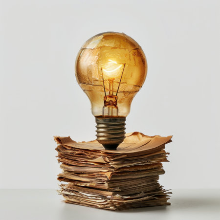A vintage light bulb elegantly placed on a stack of aged papers, showcasing a minimalist design that inspires creativity and innovative ideas in a warm, inviting atmosphere.の素材