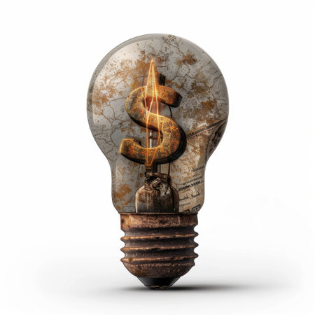 This image features a rusty light bulb encapsulating a dollar sign, symbolizing creative ideas in financial investment and growth for business opportunities and innovation.の素材
