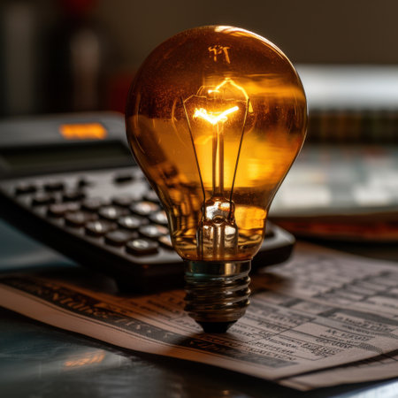 A vintage light bulb emits a warm glow, placed stylishly on a calculator and newspaper. Ideal for themes of innovation and creativity in a work environment.の素材