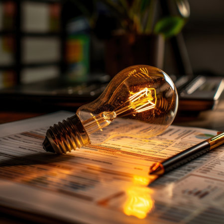 A vintage light bulb radiating warm light sits atop paperwork featuring graphs, symbolizing creativity and innovation in the professional workspace, inspiring fresh ideas.の素材