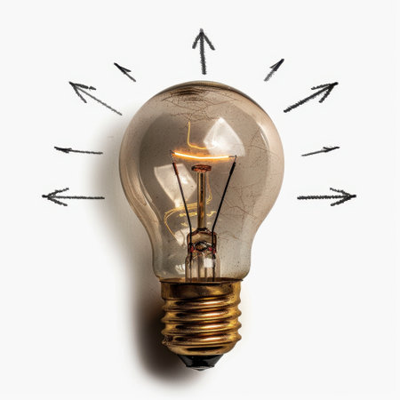 This image features a vintage light bulb radiating brightness and surrounded by arrows, symbolizing creativity and innovative ideas in a modern context.の素材