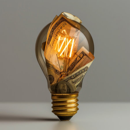 A striking image of a light bulb filled with currency notes, representing the fusion of energy and money, perfect for creative projects focusing on finance and innovation.の素材