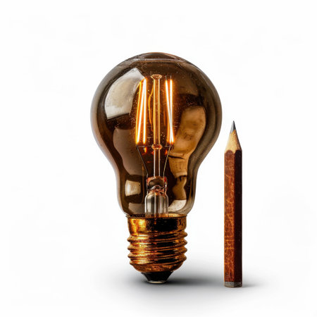 A vintage light bulb emits a warm glow beside a simple pencil, creating a unique visual representation of creativity and inspiration in design-focused artwork.の素材