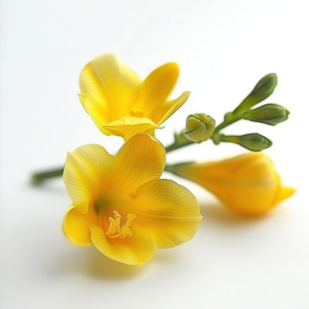 A stunning image featuring vibrant yellow flowers set against a soft background, showcasing delicate petals and fresh green buds ideal for nature-themed projects.の素材