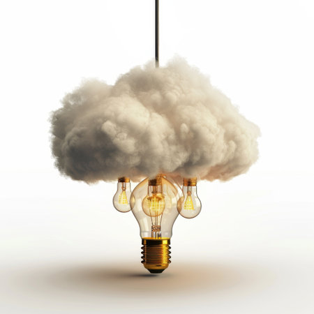 This imaginative artwork features light bulbs hanging from a fluffy cloud, symbolizing creativity and innovation. A perfect visual for projects focused on ideas and inspiration.の素材