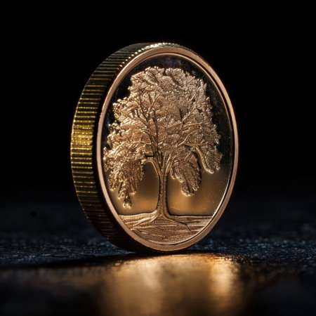 A captivating macro image of a gold coin featuring an intricately engraved tree design. The shot showcases the coin's texture and reflective qualities against a dark background.の素材