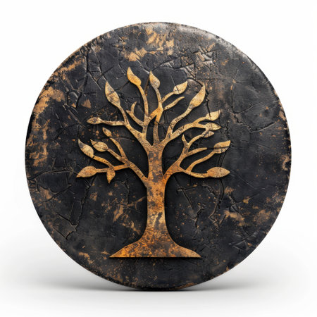 This striking image features an artistic tree emblem in gold on a textured black background, symbolizing growth and connection with nature in contemporary style.の素材