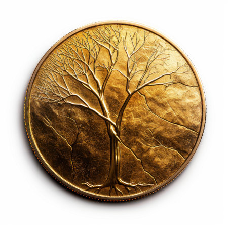 This stunning golden coin showcases an intricately designed tree with detailed branches, symbolizing growth and prosperity, perfect for artistic and financial themes.の素材