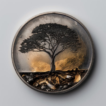 This artistic metallic piece features a beautifully engraved tree design on a round surface, highlighted with gold, showcasing elegant craftsmanship and creative detail.の素材