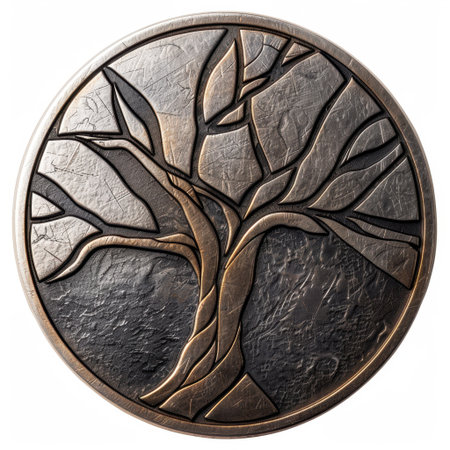 This stunning artwork features an intricate bronze tree design, showcasing textured layers within a circular frame, perfect for adding a natural artistic touch to any space.の素材