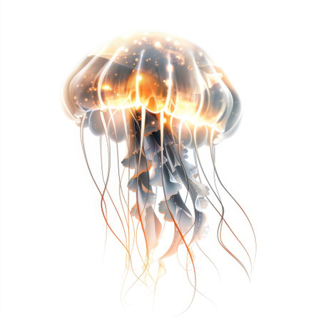 Captivating jellyfish showcasing its ethereal beauty with glowing tentacles and a luminescent dome, creating a serene atmosphere in a clear water backdrop.の素材