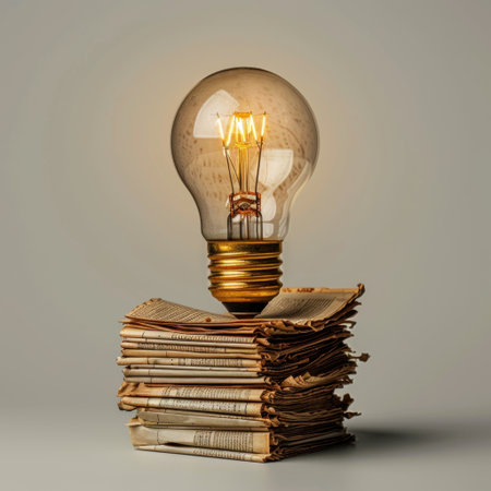 A vintage light bulb sits atop a neatly arranged stack of old newspapers, symbolizing the fusion of innovation and history in a modern, minimalist aesthetic.の素材