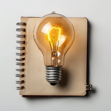 A vintage light bulb rests on an open notebook, symbolizing creativity and inspiration. This unique composition captures the essence of innovative ideas and artistic thought.の素材