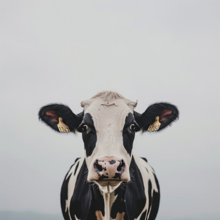 This close-up image features a curious black and white dairy cow with ear tags, set against a soft blurred background of green pasture and blue sky, evoking serene rural life.の素材