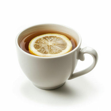 A serene image of a white cup filled with warm tea and a slice of lemon floating on top. Ideal for showcasing relaxation, comfort, and the joy of simple pleasures in life.の素材