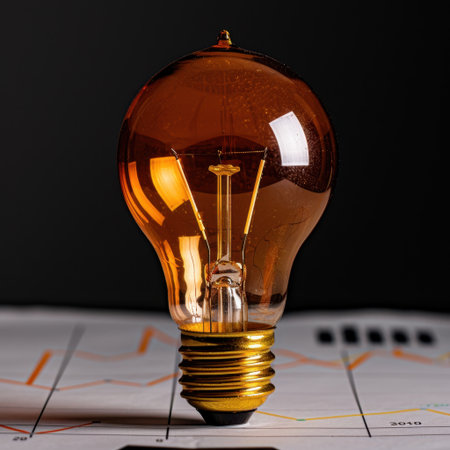 A vintage amber light bulb with a clear glass body and golden base illuminates a dark background featuring financial graphs, symbolizing creativity and insight.の素材
