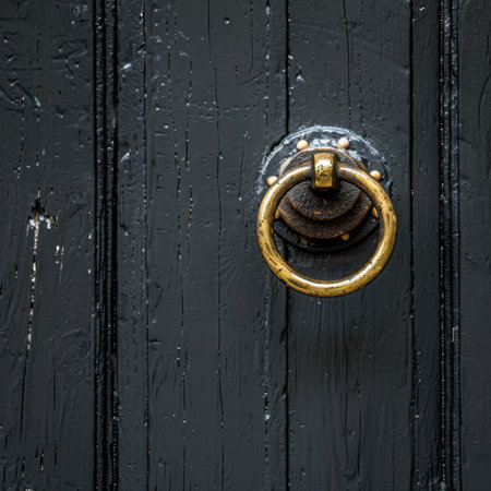Explore a detailed close-up of a vintage door knocker on a textured black wooden door, showcasing unique craftsmanship and antique charm that enhances any entrance.の素材
