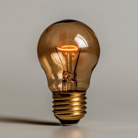 A vintage light bulb glows gently, showcasing its intricate filament and stylish glass design. This image captures warmth and nostalgia, perfect for creative projects.の素材