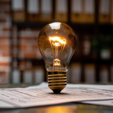 A vintage light bulb emits a warm glow over a stack of documents, enhancing the cozy atmosphere of an office workspace, ideal for creative inspiration and design.の素材