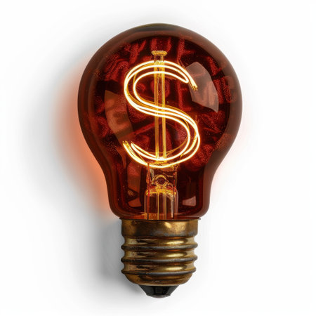 Captivating vintage light bulb featuring a glowing dollar sign filament, perfect for conveying concepts of finance, investment, and creative business ideas in warm tones.の素材