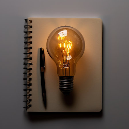 A bright, illuminated light bulb rests on a blank notebook next to a sleek black pen, creating a visually appealing scene that embodies creativity and innovation.の素材