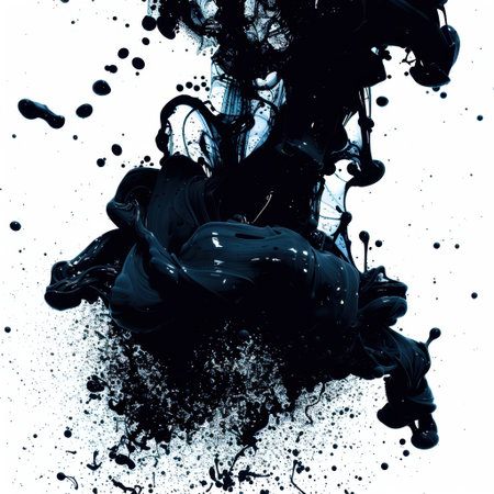 This captivating abstract artwork features a dynamic black ink splash on a clean white background, emphasizing fluid movement and striking contrast for creative projects.の素材