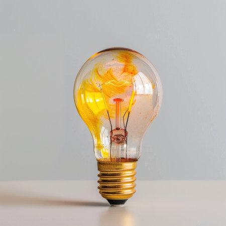 This image features a colorful light bulb with stunning yellow and orange swirls, set against a sleek gray background, perfect for themes of creativity and inspiration.の素材