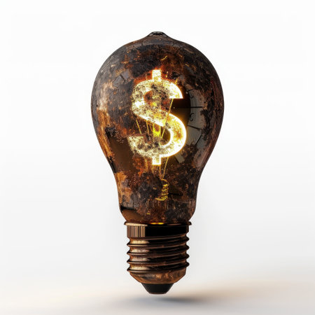 This artistic light bulb features a rustic finish with a glowing dollar sign inside, merging creativity with financial symbolism to inspire innovative ideas and wealth.の素材