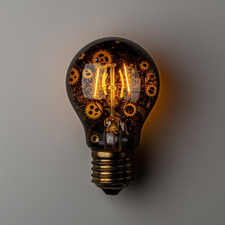 This vintage light bulb features intricate gears that glow softly against a neutral background, merging technology and artistry into a stunning decorative piece.の素材